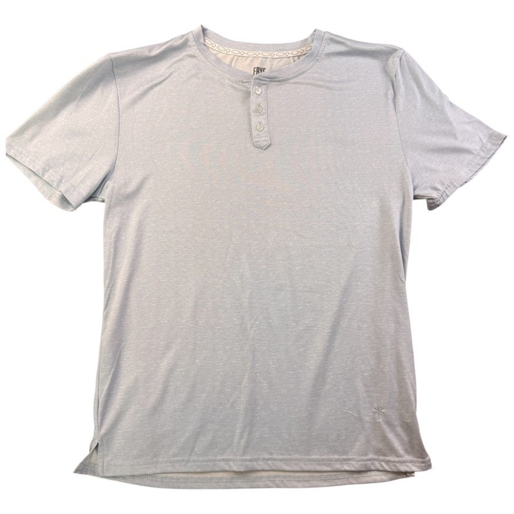 Frye Mens Short Sleeve Henley Shirt Light Blue Heather Stretch Size Small